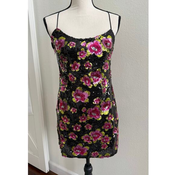 For Love & Lemons NWT Black Pink Sequin San Junipero Floral Mini Dress Medium - Picture 3 of 15